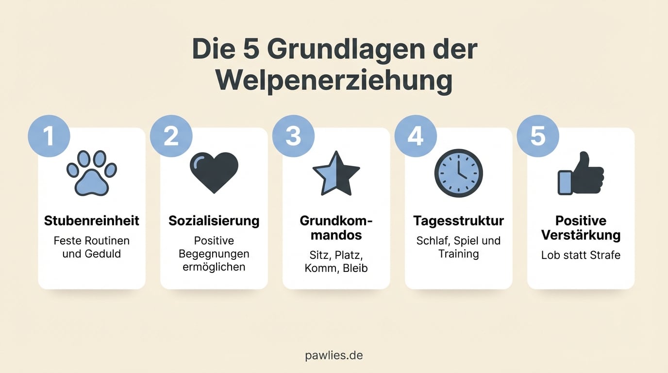 Infografik: Die 5 Grundlagen der Welpenerziehung - 1. Stubenreinheit, 2. Sozialisierung, 3. Grundkommandos, 4. Tagesstruktur, 5. Positive Verstärkung