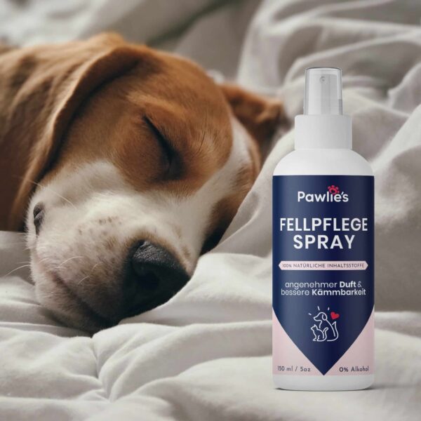 Fellpflege Spray Mockup auf Bett 1