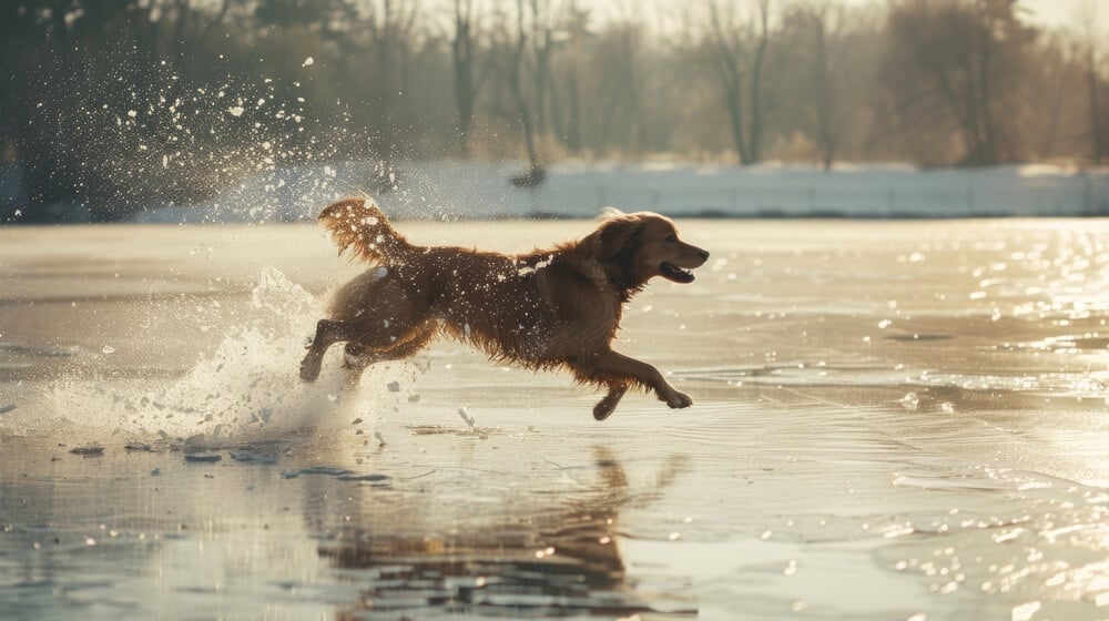 Ein aktiver Hund rennt durch ein winterliches Gewässer, ein Sinnbild für ein starkes Immunsystem bei Hunden.