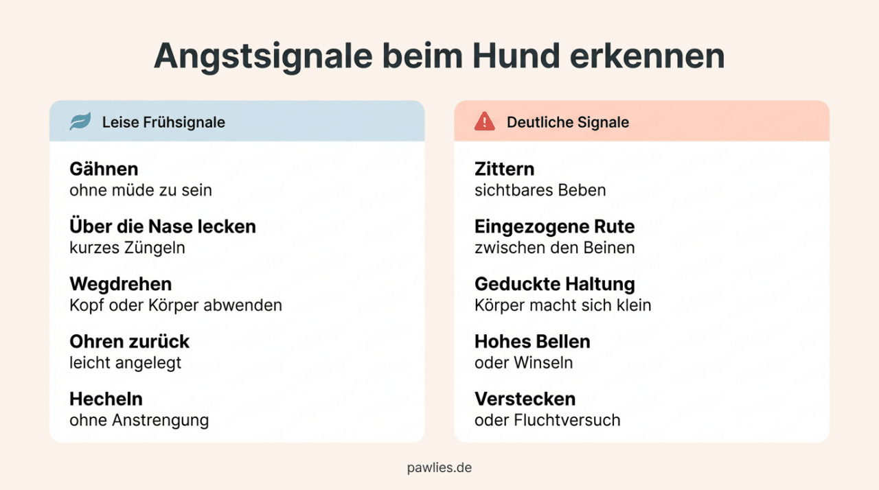 Infografik Angstsignale beim Hund: leise Frühsignale wie Gähnen, Über die Nase lecken, Wegdrehen, Ohren zurück, Hecheln, und deutliche Signale wie Zittern, eingezogene Rute, geduckte Haltung, hohes Bellen, Verstecken