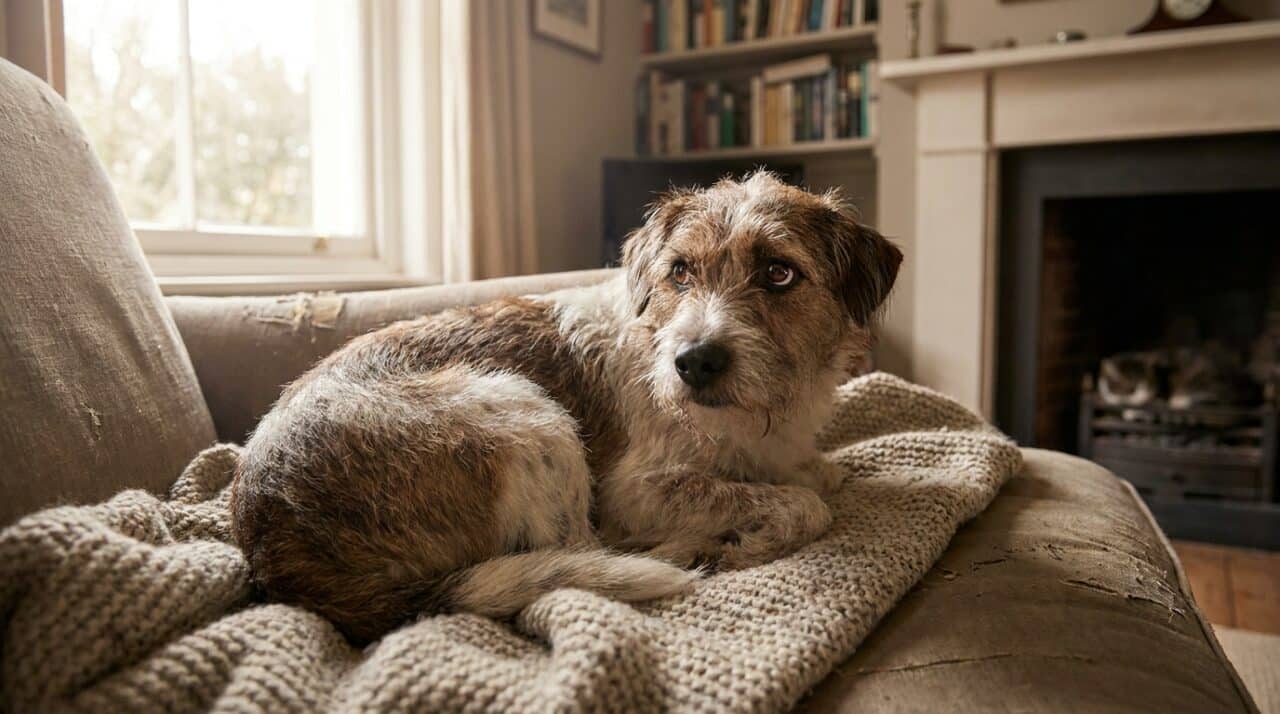 Mischlingshund mit unsicherem Blick liegt zusammengerollt auf einer Decke im Wohnzimmer