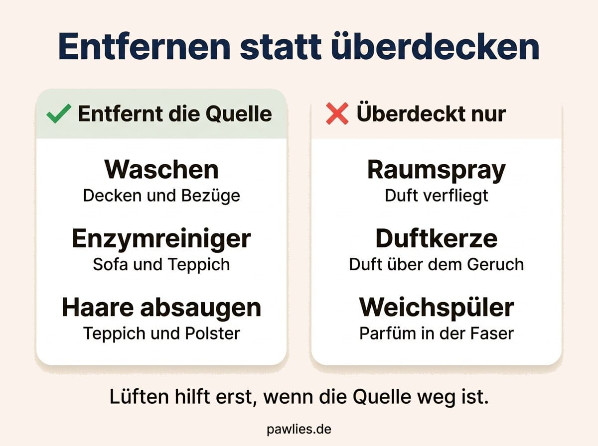 Wohnung riecht nach Hund: So bekommst du den Geruch aus Polstern und Textilien Infografik Entfernen statt überdecken: Waschen, Enzymreiniger und Haare absaugen entfernen die Quelle, Raumspray, Duftkerze und Weichspüler überdecken nur. Lüften hilft erst, wenn die Quelle weg ist