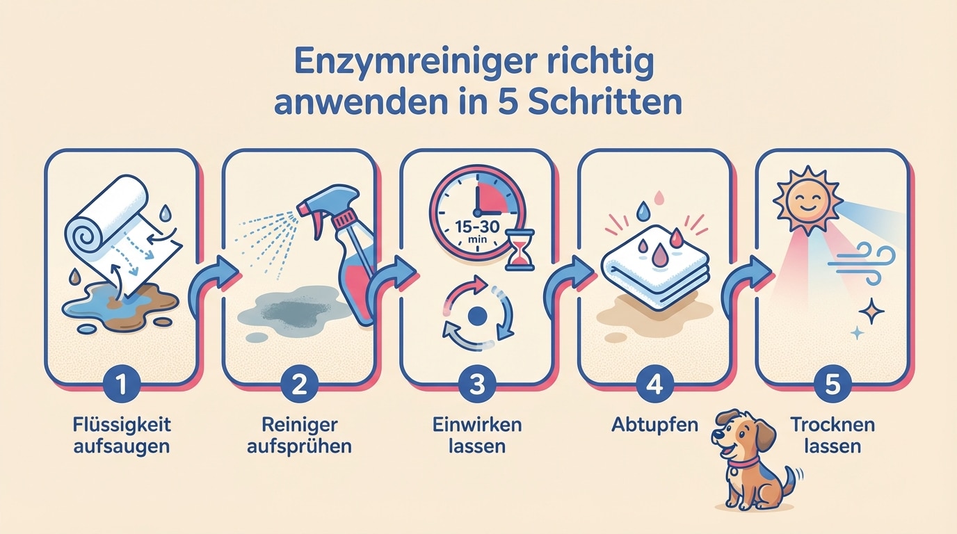 Infografik: Enzymreiniger richtig anwenden in 5 Schritten – Aufsaugen, Aufsprühen, Einwirken, Abtupfen, Trocknen