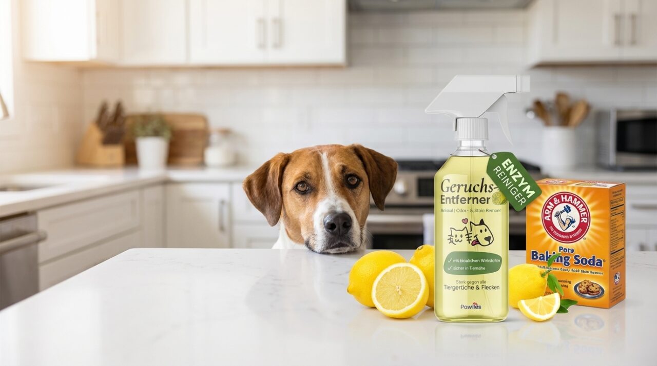 Mischlingshund schaut ueber Kuechentheke mit Enzymreiniger Spray und Hausmitteln