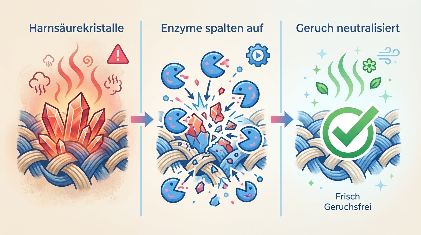 Infografik: So funktioniert ein Enzymreiniger – Harnsäurekristalle werden durch Enzyme aufgespalten und der Geruch neutralisiert