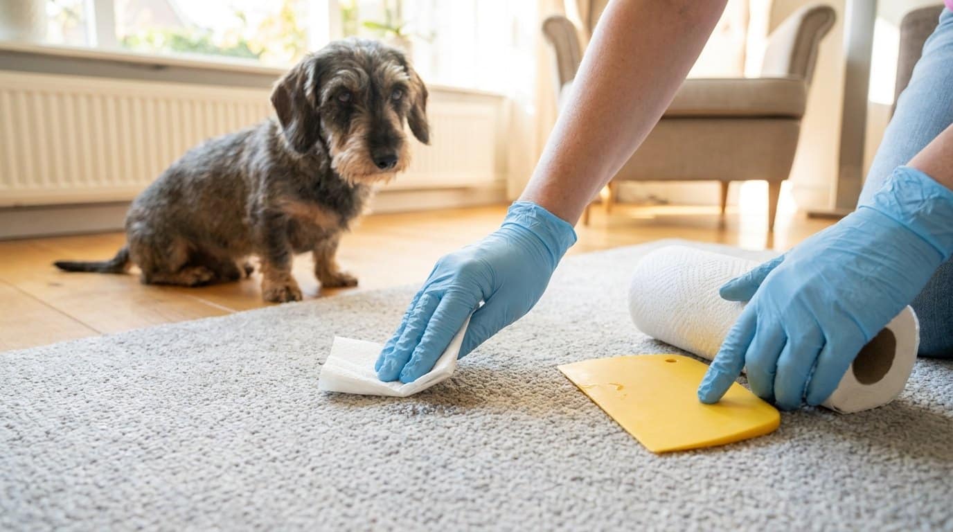 Hände mit Einweghandschuhen tupfen eine Stelle auf dem Teppich mit Küchenpapier ab, ein Rauhaardackel schaut zu