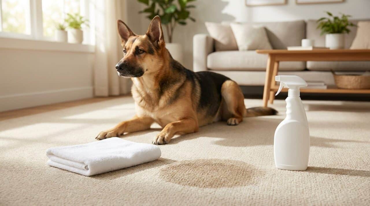 Schäferhund liegt auf hellem Teppich neben einer frisch gereinigten Stelle, Handtuch und Sprühflasche