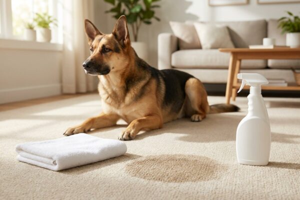 Schäferhund liegt auf hellem Teppich neben einer frisch gereinigten Stelle, Handtuch und Sprühflasche
