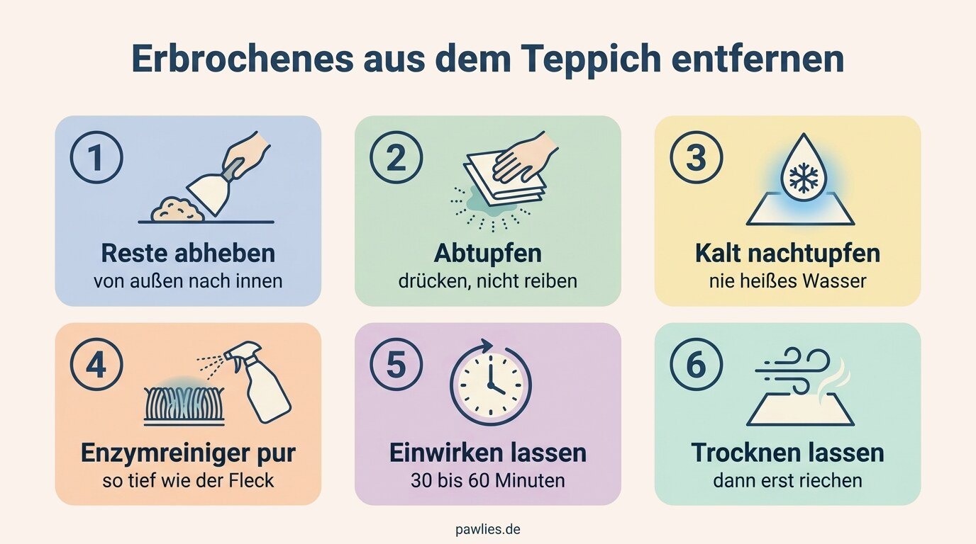 Infografik Erbrochenes aus dem Teppich entfernen in 6 Schritten: abheben, abtupfen, kalt nachtupfen, Enzymreiniger, einwirken, trocknen