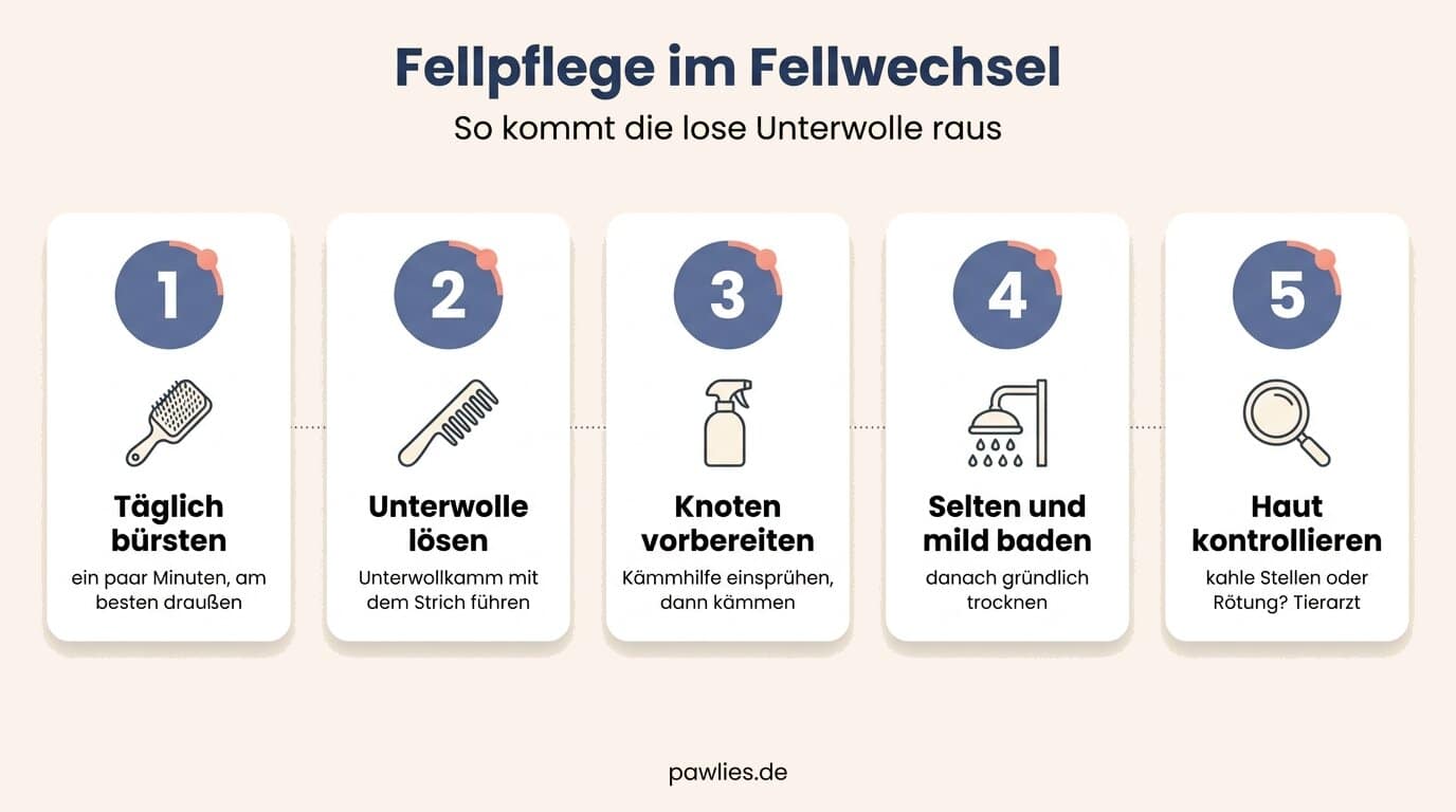 Infografik Fellpflege im Fellwechsel in 5 Schritten: täglich bürsten, Unterwolle mit dem Unterwollkamm lösen, Knoten mit Kämmhilfe vorbereiten, selten und mild baden und gründlich trocknen, Haut auf kahle Stellen und Rötung kontrollieren