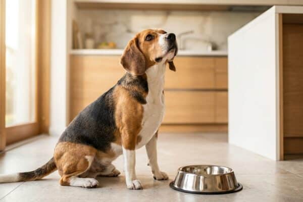 Beagle sitzt in moderner Kueche neben Futternapf und schaut neugierig nach oben