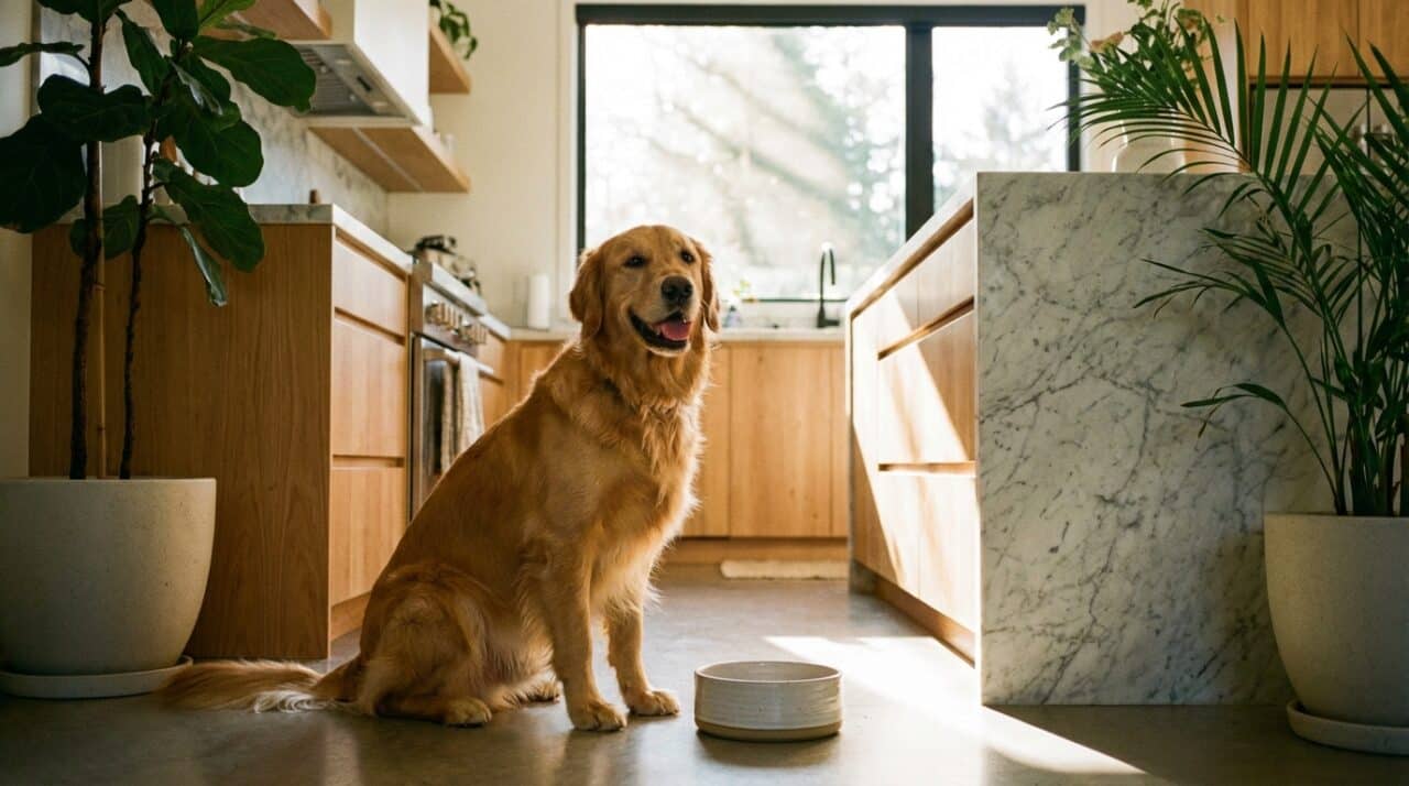 Golden Retriever sitzt neben einem Futternapf in einer hellen Küche