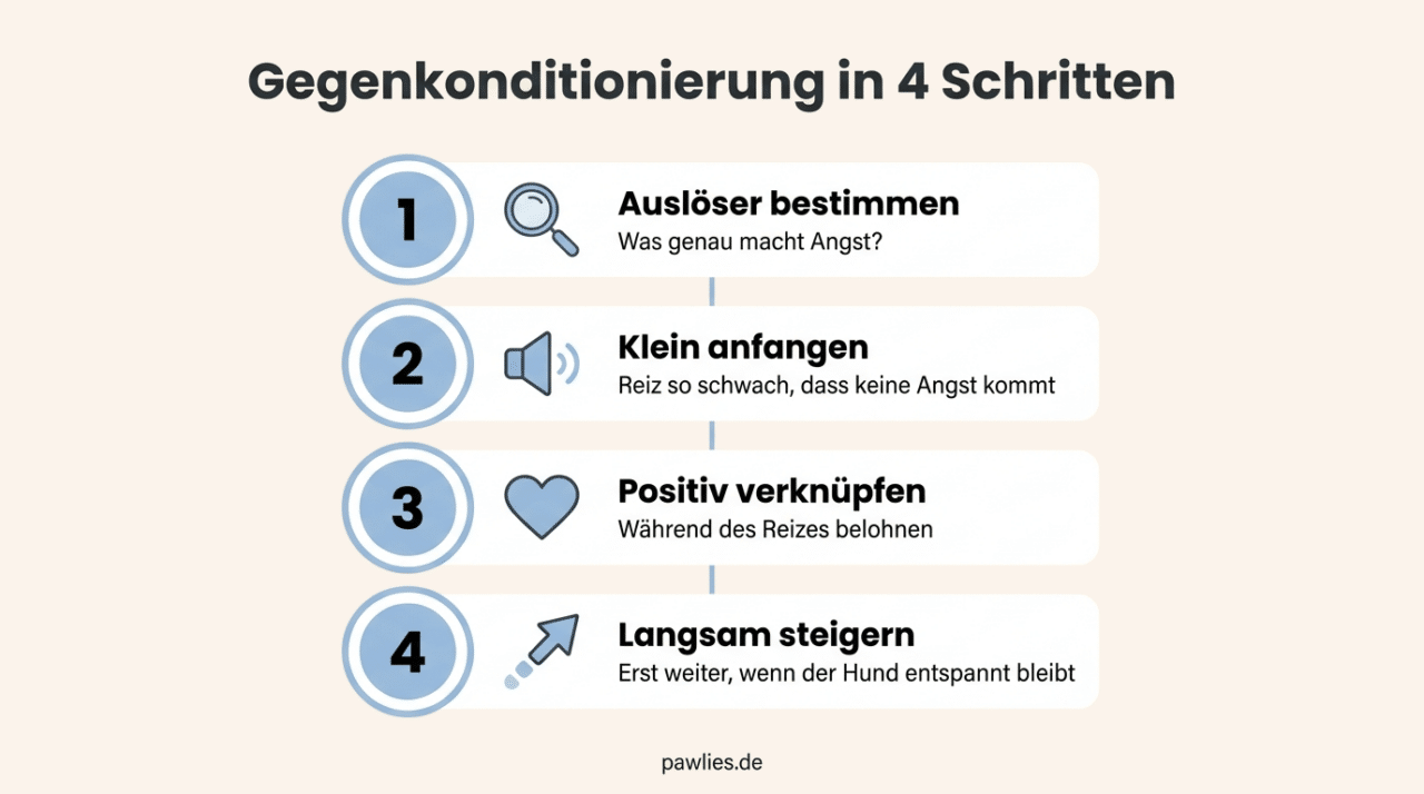 Infografik Gegenkonditionierung beim Hund in 4 Schritten: Auslöser bestimmen, klein anfangen, positiv verknüpfen, langsam steigern