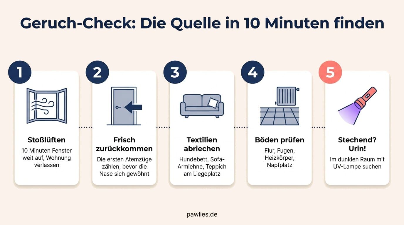 Infografik Geruch-Check in 5 Schritten: Stoßlüften, frisch zurückkommen, Textilien abriechen, Böden prüfen, bei stechendem Geruch UV-Lampe