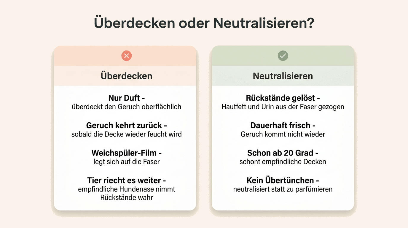 Vergleich Geruch überdecken oder neutralisieren bei der Hundedecke: Duft kehrt zurück versus Rückstände gelöst und dauerhaft frisch schon ab 20 Grad