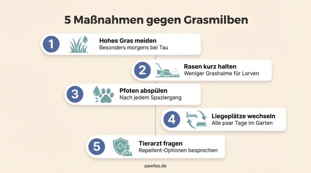 Infografik: 5 Maßnahmen gegen Grasmilben beim Hund - Hohes Gras meiden, Rasen kurz halten, Pfoten abspülen, Liegeplätze wechseln, Tierarzt fragen
