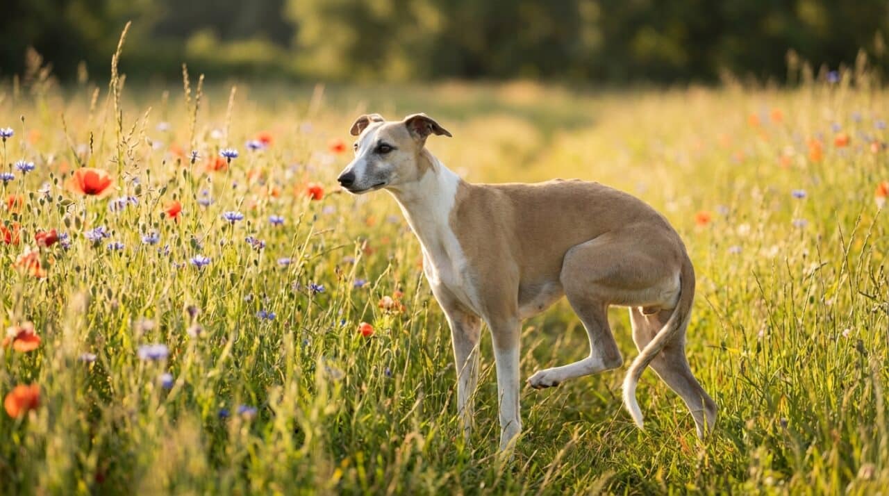 Whippet steht auf einer Wiese mit hohem Gras und Wildblumen - typischer Lebensraum für Grasmilben beim Hund