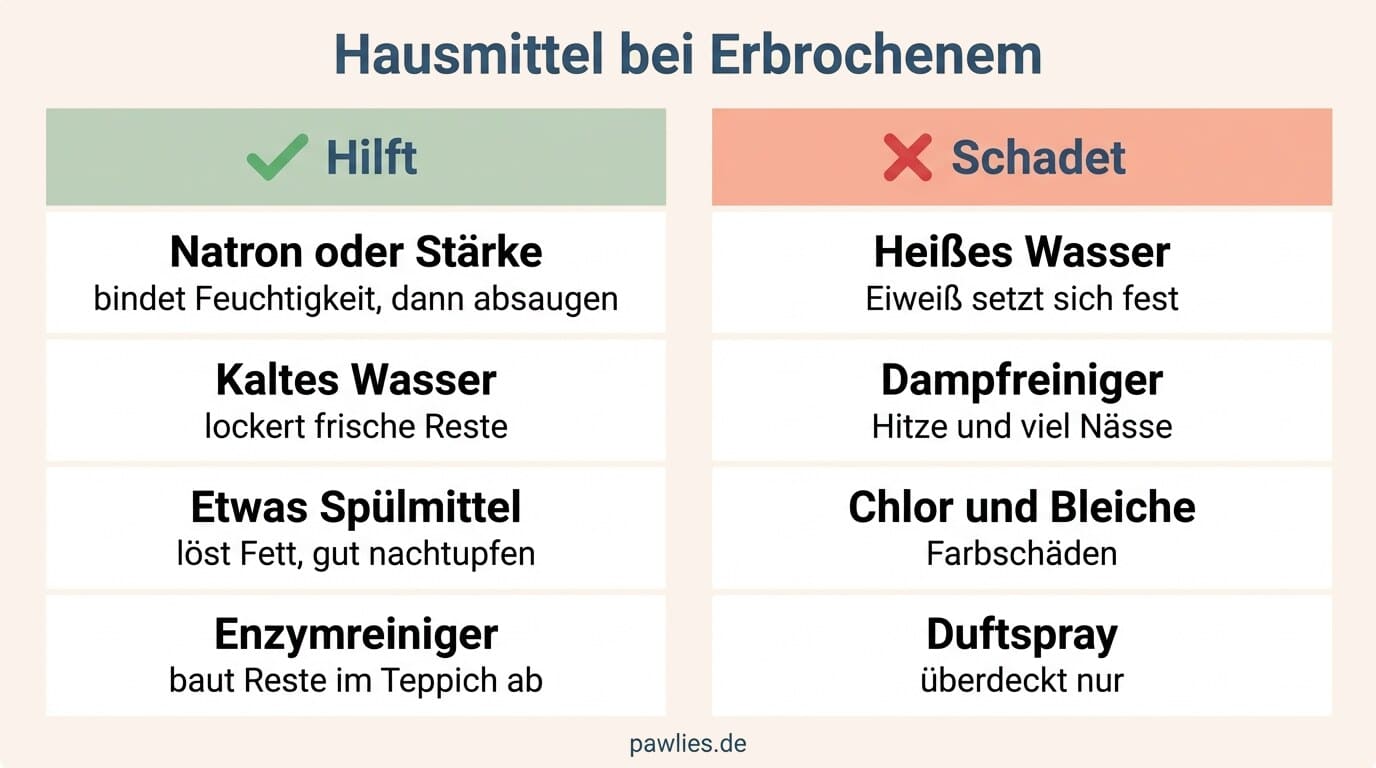 Infografik Hausmittel bei Erbrochenem: hilft Natron, kaltes Wasser, Spülmittel, Enzymreiniger, schadet heißes Wasser, Dampf, Chlor, Duftspray