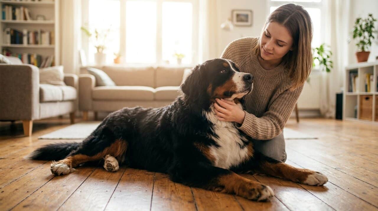 Berner Sennenhund liegt entspannt, Halterin kontrolliert das Fell am Hals auf Hotspots