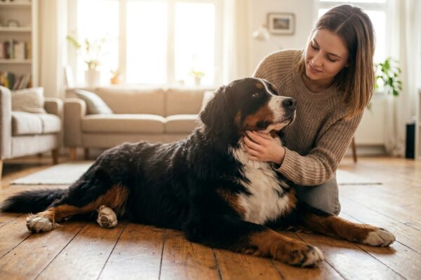 Berner Sennenhund liegt entspannt, Halterin kontrolliert das Fell am Hals auf Hotspots
