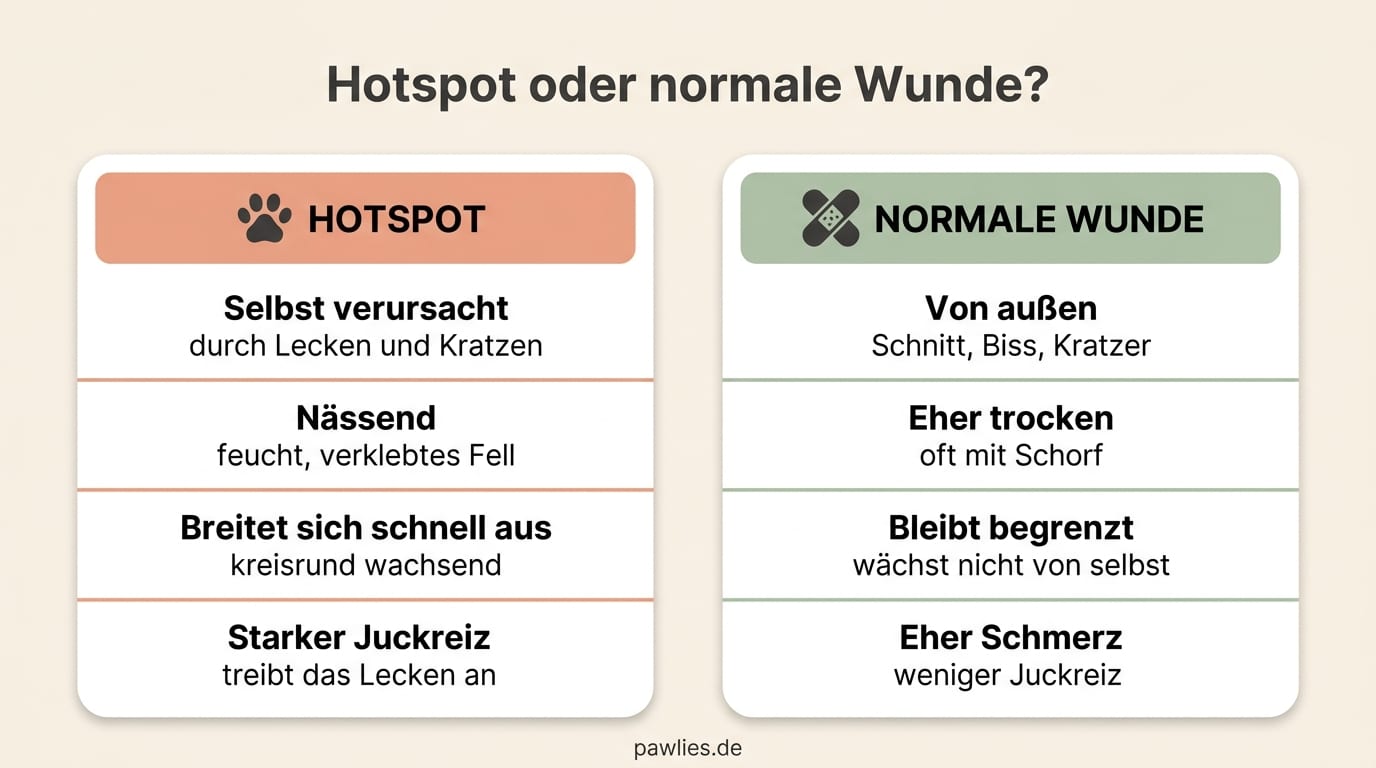 Vergleich Hotspot und normale Wunde beim Hund: Hotspot selbst verursacht, nässend, breitet sich schnell aus, starker Juckreiz. Normale Wunde von außen, eher trocken, bleibt begrenzt