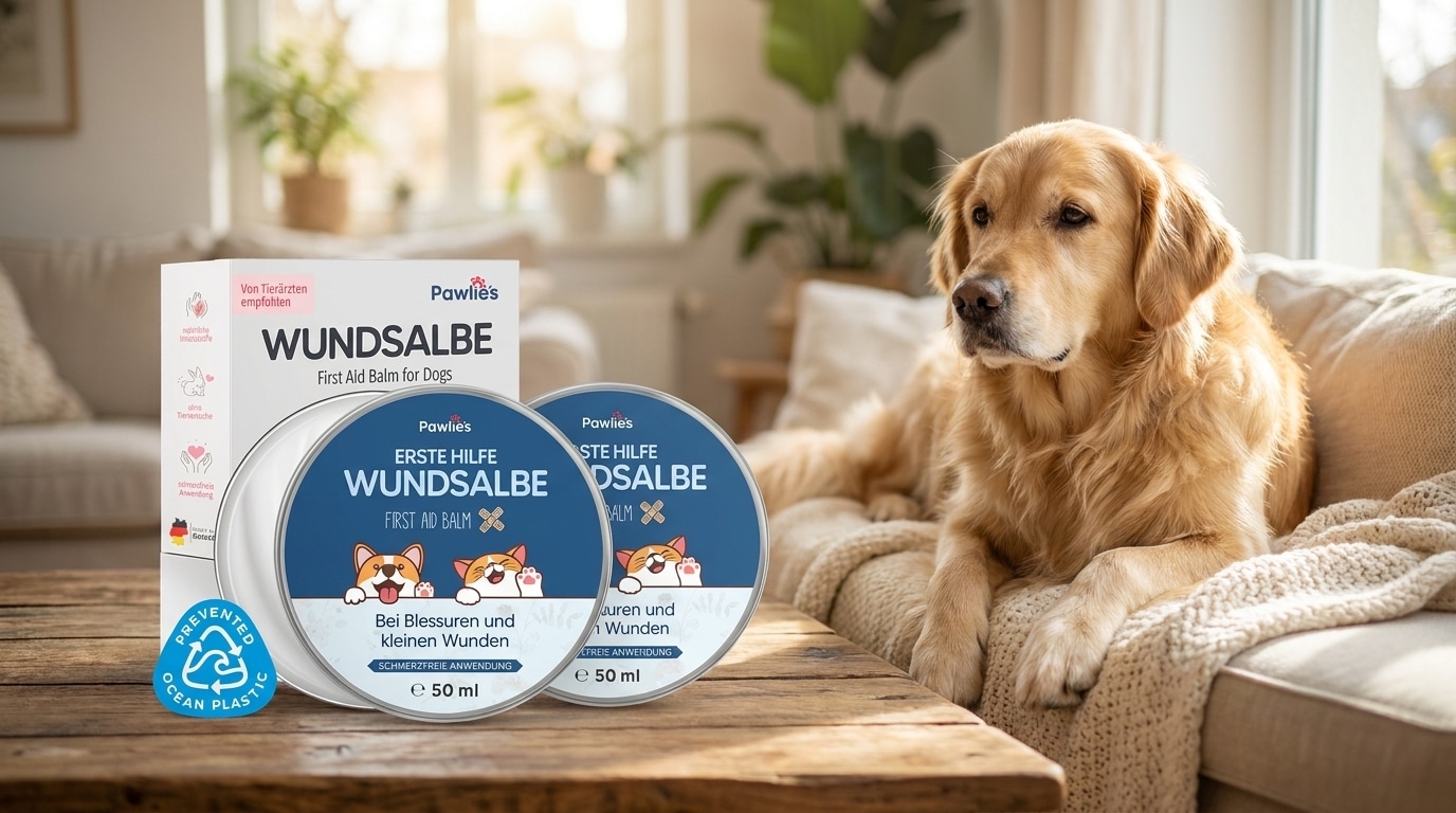 Pawlie's Wundsalbe für Hunde und Katzen zur Pflege abheilender Hautstellen neben einem entspannten langhaarigen Hund