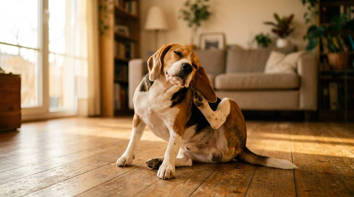 Beagle sitzt auf dem Holzboden im Wohnzimmer und kratzt sich mit der Hinterpfote am Ohr