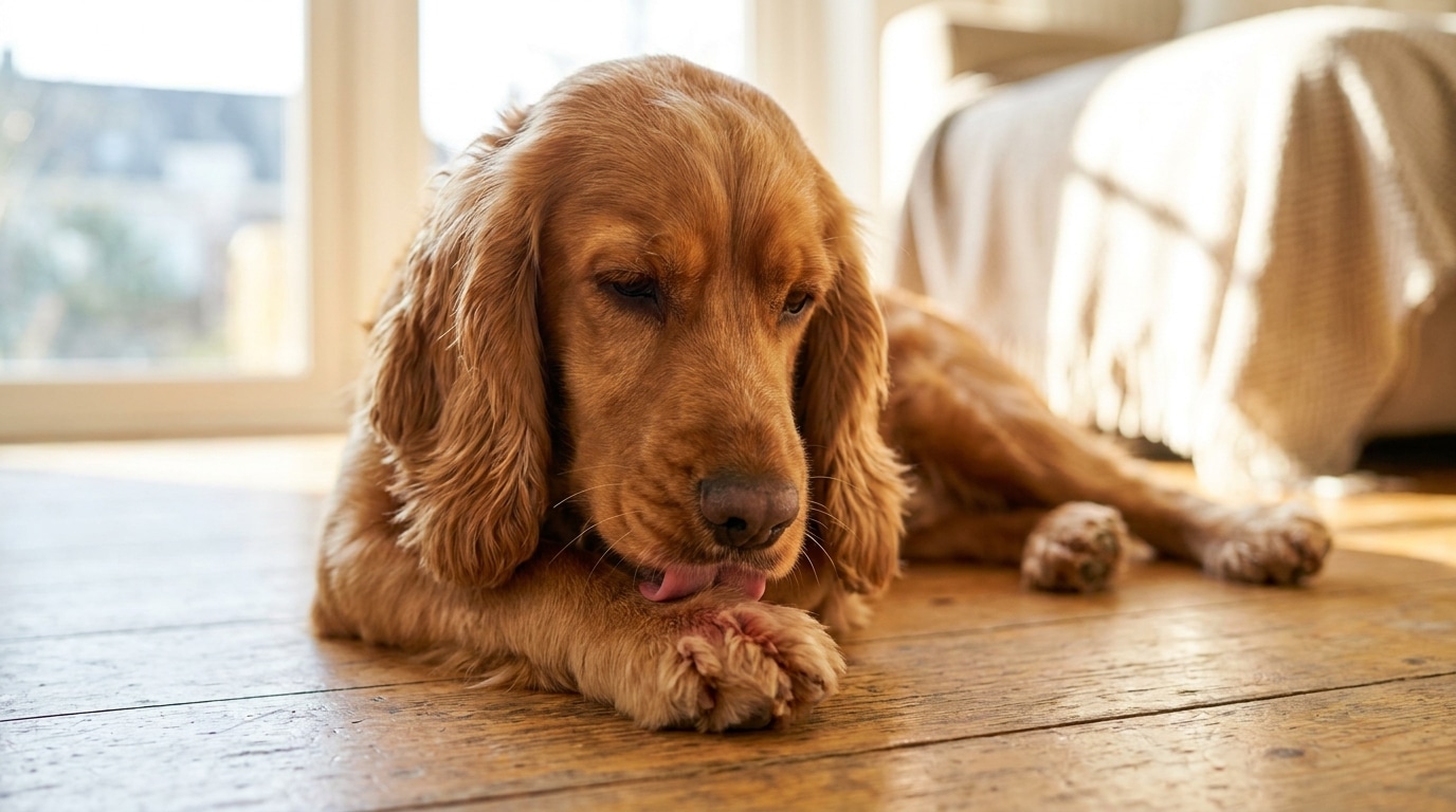 Cocker Spaniel leckt sich die Vorderpfote auf einem hellen Holzfußboden, Symbolbild für Pollenallergie