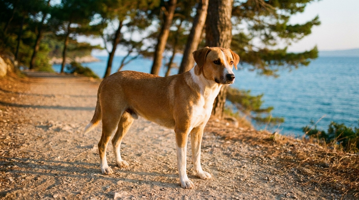 Mischlingshund auf Küstenweg am Mittelmeer, Reise nach Südeuropa