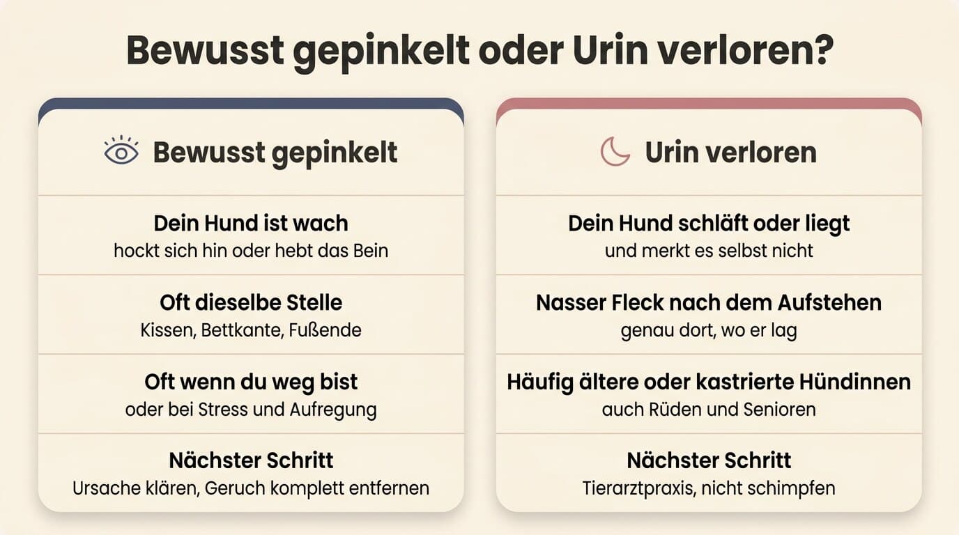 Infografik Bewusst gepinkelt oder Urin verloren: wach, dieselbe Stelle, oft wenn du weg bist, Ursache klären gegenüber schläft, nasser Fleck nach dem Aufstehen, oft ältere oder kastrierte Hündinnen, Tierarztpraxis
