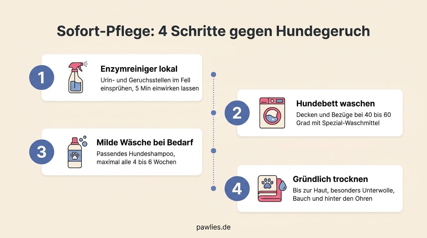 Infografik der 4 Sofort-Schritte gegen Hundegeruch: Enzymreiniger lokal, Hundebett waschen, milde Wäsche bei Bedarf, gründlich trocknen