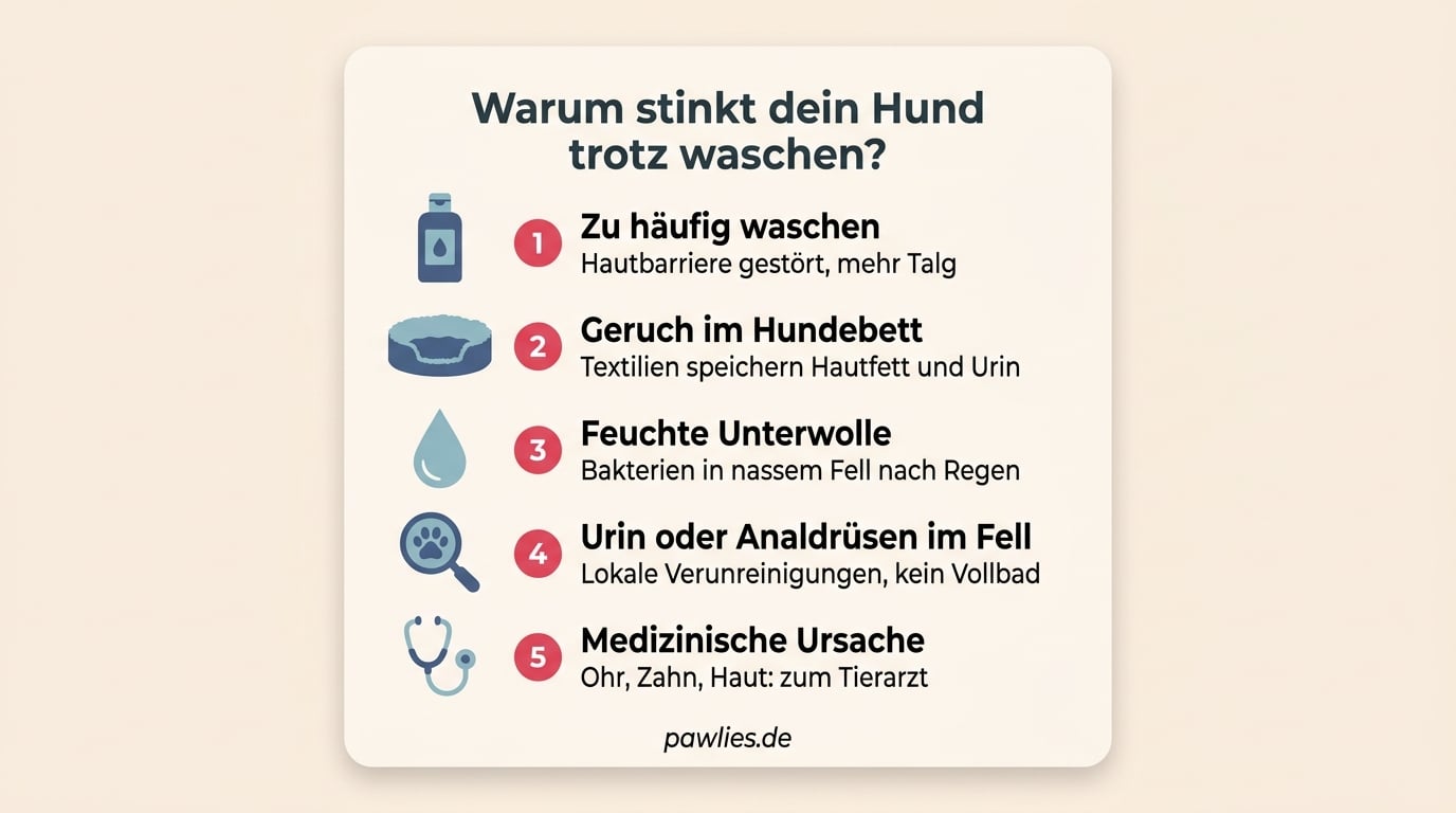 Infografik der 5 Ursachen warum ein Hund trotz Waschen stinkt: zu häufig waschen, Geruch im Hundebett, feuchte Unterwolle, Urin oder Analdrüsen im Fell, medizinische Ursache