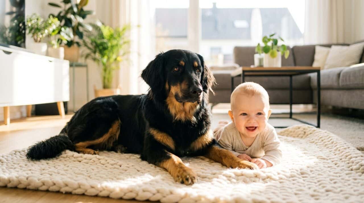 Hovawart liegt beschuetzend neben lachendem Baby auf weicher Decke im Wohnzimmer