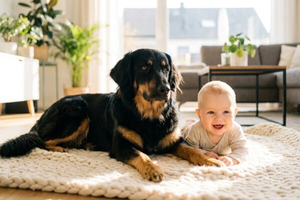 Hovawart liegt beschuetzend neben lachendem Baby auf weicher Decke im Wohnzimmer