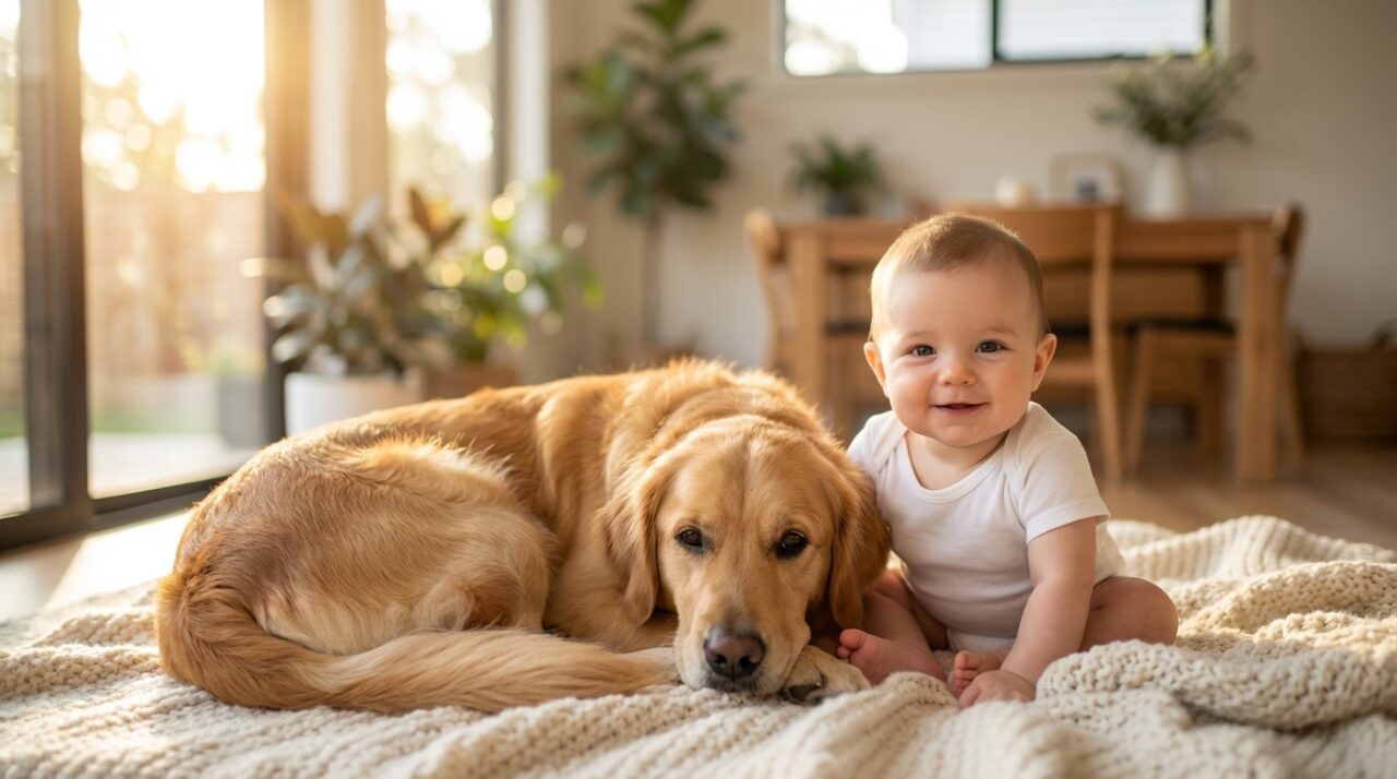 Golden Retriever liegt neben lächelndem Baby auf einer Decke im Wohnzimmer