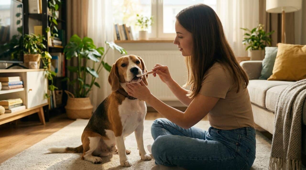 Beagle laesst sich entspannt die Zaehne putzen, Halterin haelt sanft das Kinn