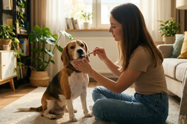 Beagle laesst sich entspannt die Zaehne putzen, Halterin haelt sanft das Kinn