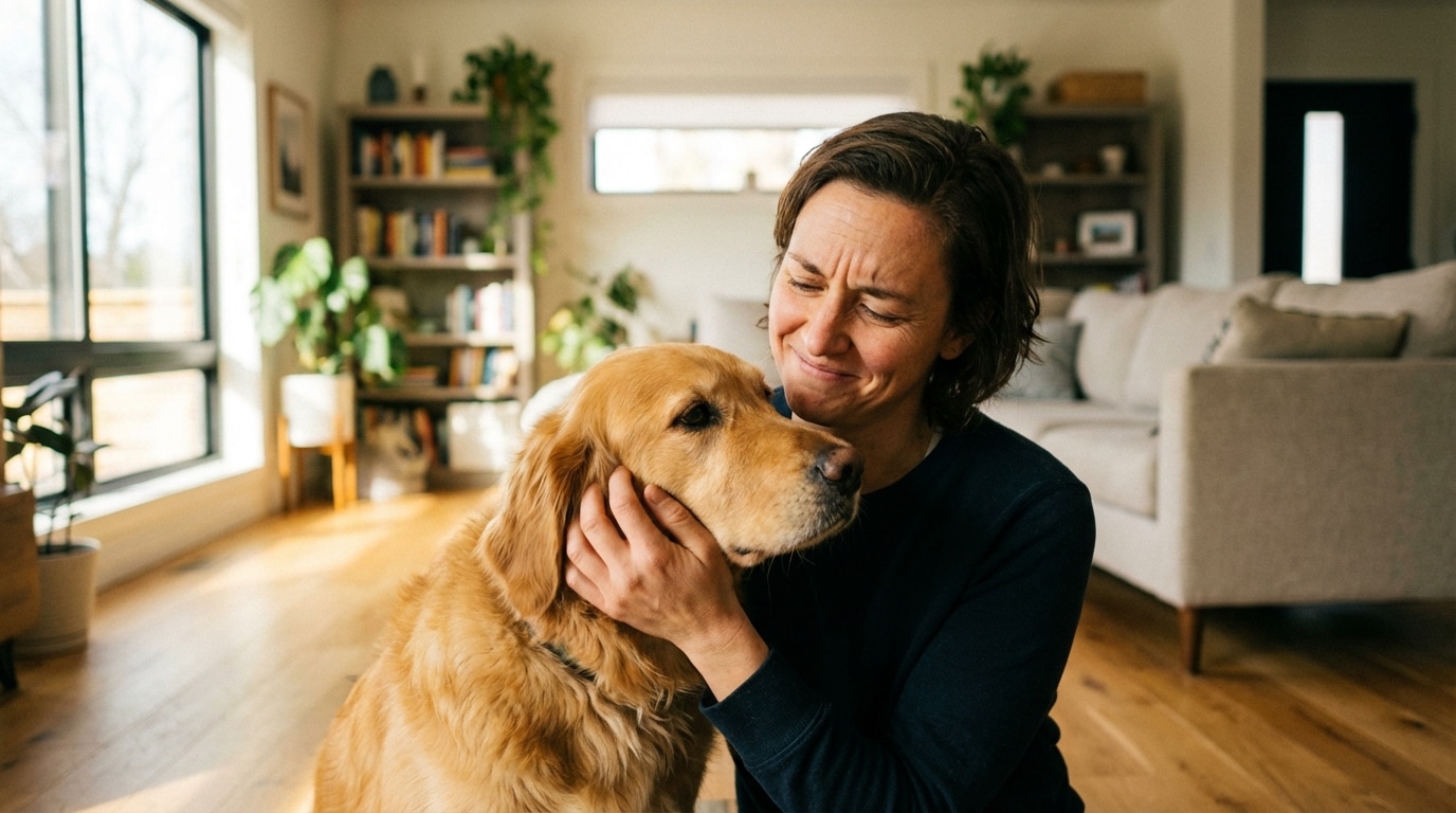 Frau streichelt Golden Retriever in hellem Wohnzimmer - Hundeallergie beim Menschen