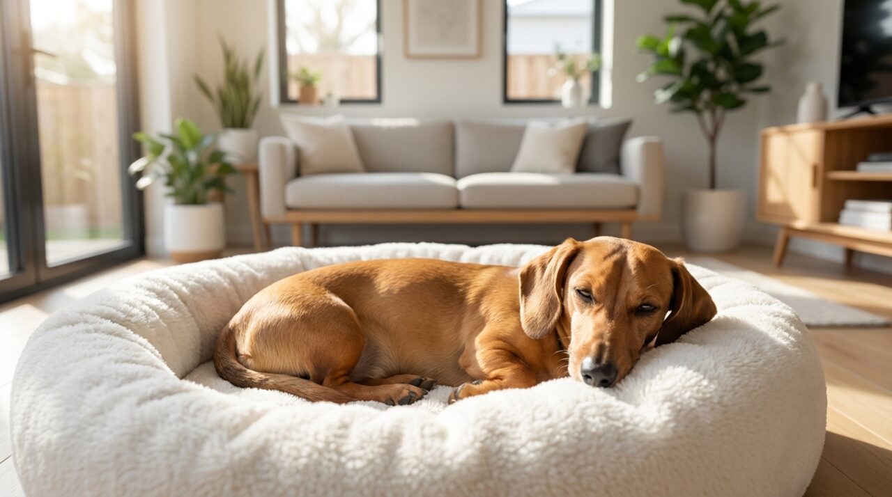 Dackel liegt entspannt in einem frisch gewaschenen weißen Hundebett in einem hellen Wohnzimmer