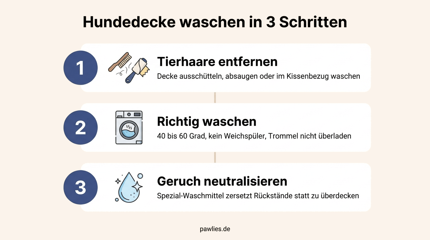 Infografik Hundedecke waschen in 3 Schritten: Tierhaare entfernen, richtig waschen bei 40 bis 60 Grad ohne Weichspüler, Geruch mit Spezial-Waschmittel neutralisieren