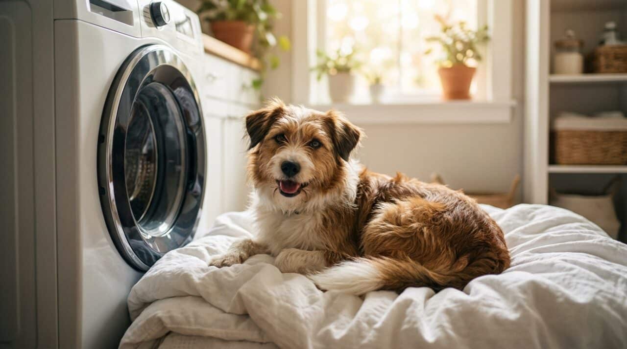 Mischlingshund liegt auf frisch gewaschener Hundedecke neben Waschmaschine, geruchsfreie Textilien