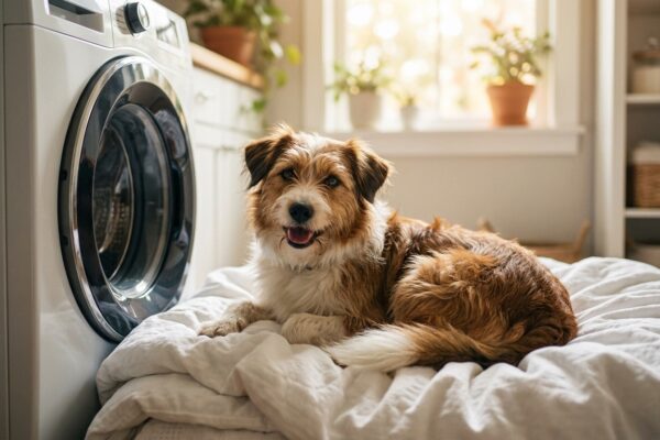 Mischlingshund liegt auf frisch gewaschener Hundedecke neben Waschmaschine, geruchsfreie Textilien