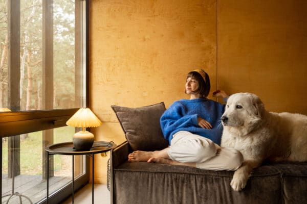 Frau sitzt mit ihrem großen weißen Hund auf dem Sofa im Wohnzimmer, dem Lieblingsplatz, an dem sich Hundegeruch festsetzt