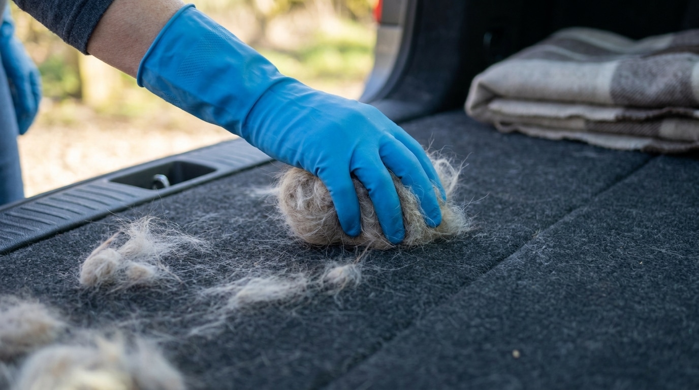 Hundehaare im Kofferraum werden mit einem blauen Gummihandschuh zu Fläusen zusammengerollt