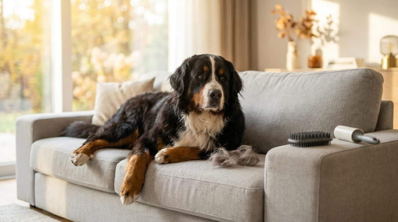Berner Sennenhund liegt auf einem grauen Stoffsofa, daneben ausgefallene Hundehaare, Gummibürste und Fusselrolle