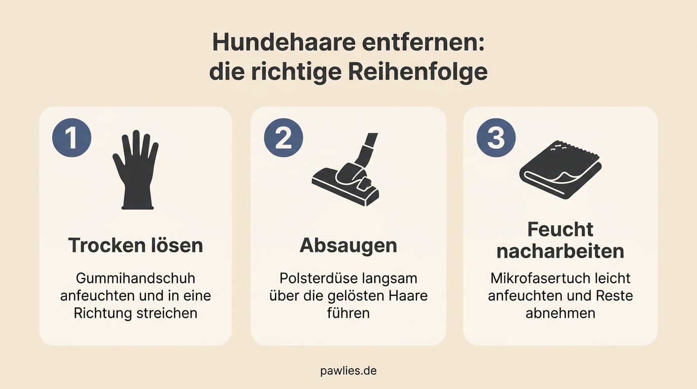 Infografik Hundehaare entfernen in drei Schritten: 1. Trocken lösen, Gummihandschuh anfeuchten und in eine Richtung streichen. 2. Absaugen, Polsterdüse langsam über die gelösten Haare führen. 3. Feucht nacharbeiten, Mikrofasertuch leicht anfeuchten und Reste abnehmen.