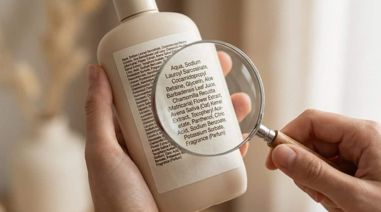 Hand prüft mit einer Lupe die INCI-Liste auf dem Etikett einer Hundeshampoo-Flasche