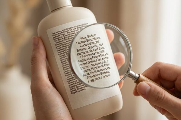 Hand prüft mit einer Lupe die INCI-Liste auf dem Etikett einer Hundeshampoo-Flasche