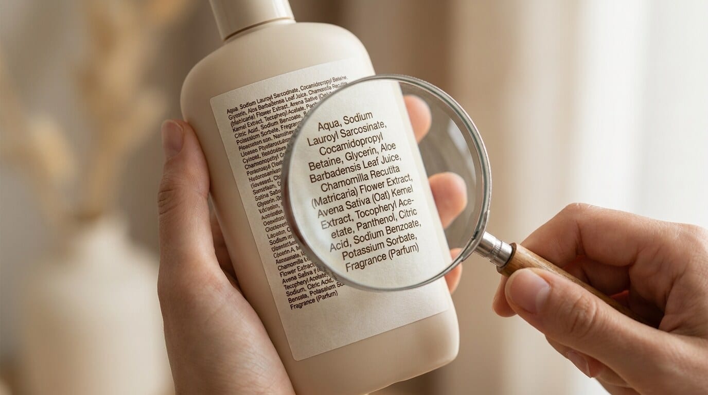 Lupe über INCI-Liste einer Shampoo-Flasche, Hinweis auf Schadstoffe in Hundeshampoo