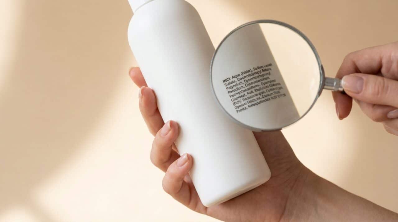 Lupe über INCI-Liste einer Shampoo-Flasche, Hinweis auf Schadstoffe in Hundeshampoo